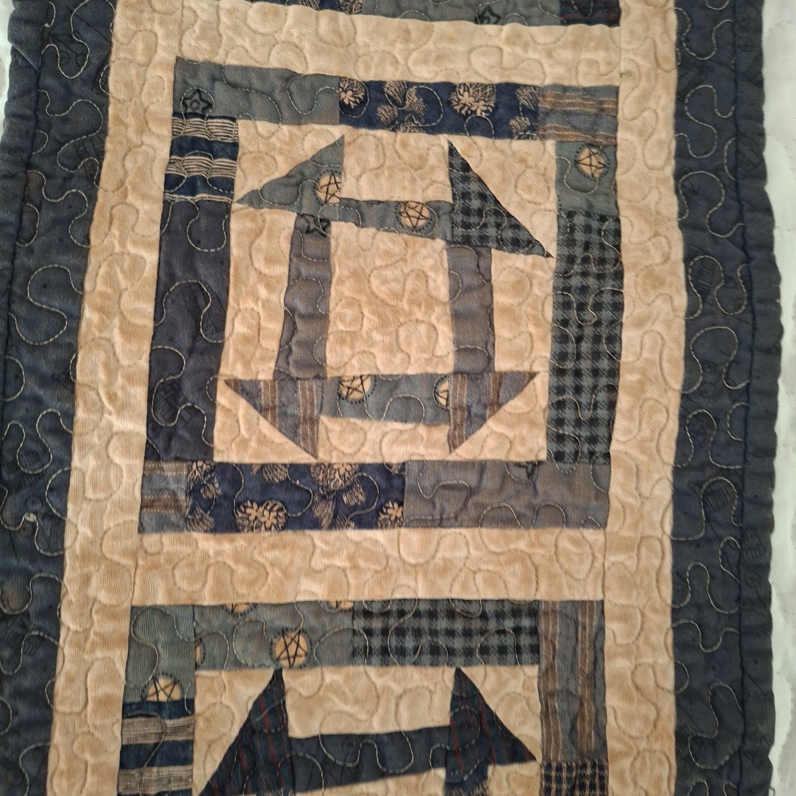Handmade Quilted wall hanging Table Runner cottagecore navy Tan 19×8″ Patchwork