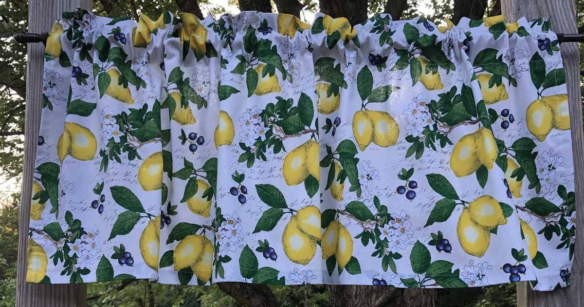 Lemon Valance Yellow Lemons Blueberries Green Leaf Window Kitchen Curtain