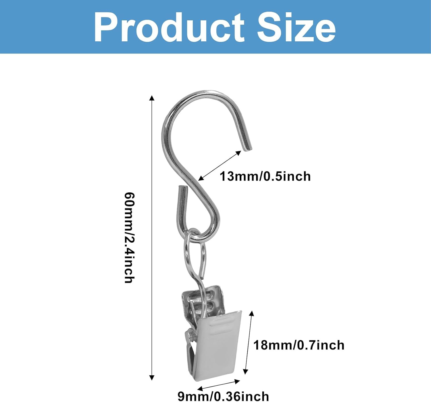 50 Pack Stainless Steel S Hooks Curtain Clips, Hanging Hangers Party Lights Clip