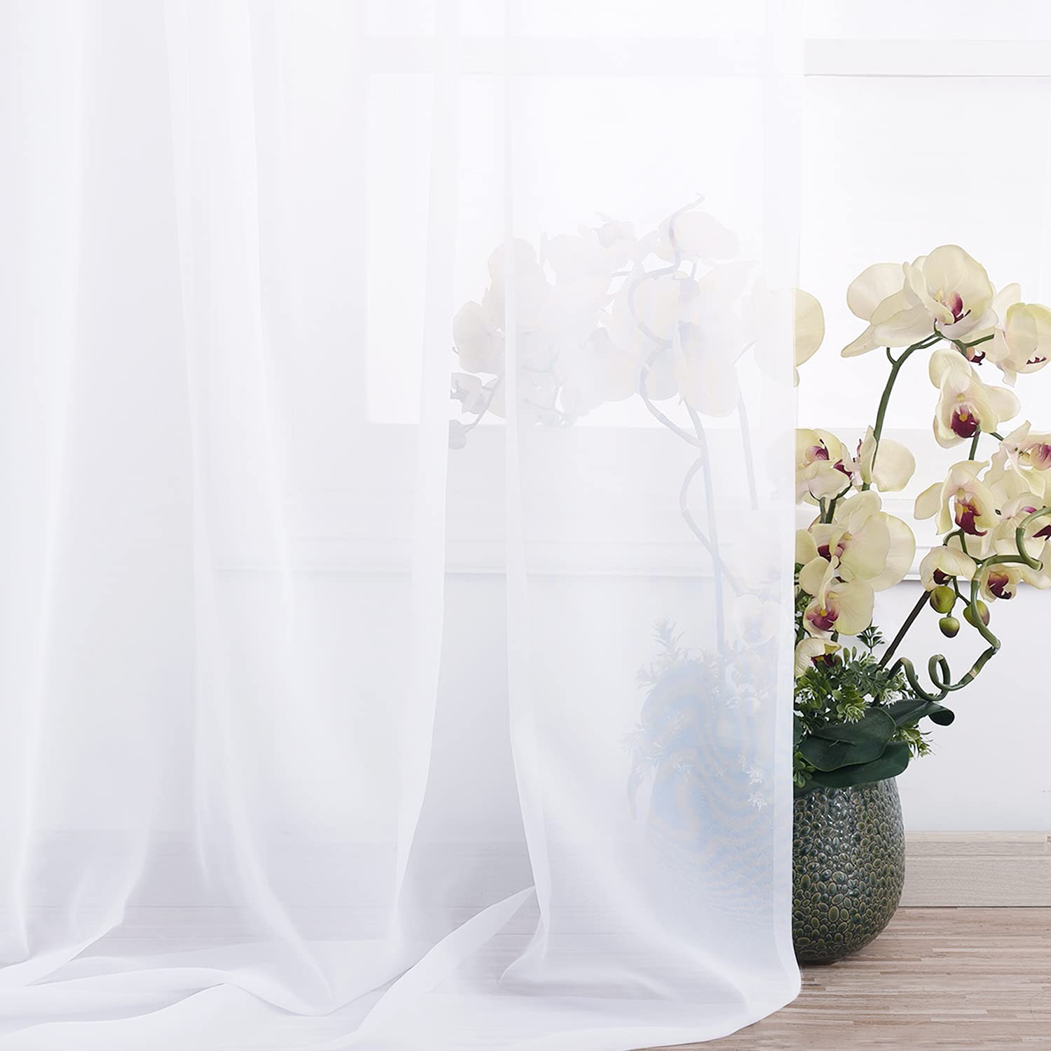 White Sheer Window Scarf 216 inch Extra Long 2 Panels, Soft Voile Textured Be…