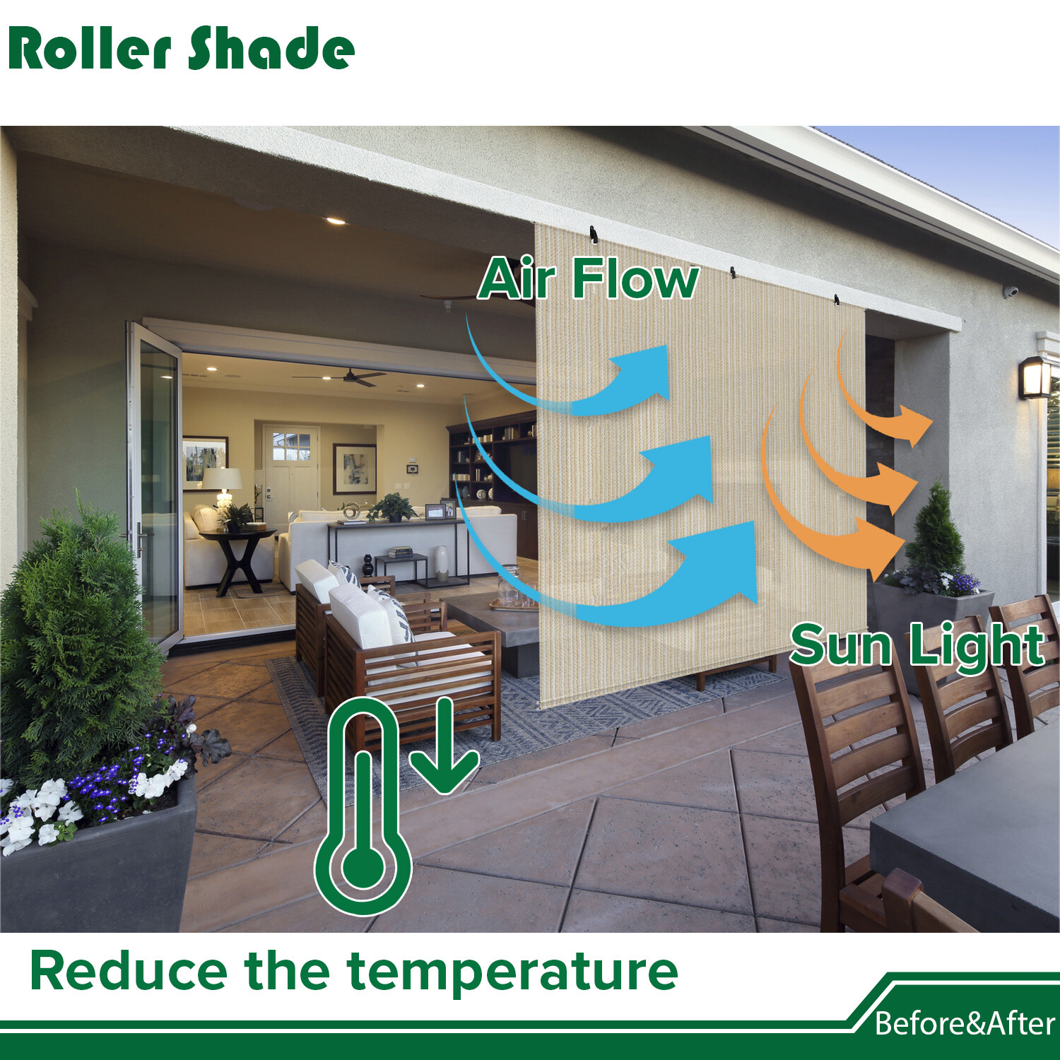 Roller up Shades Curtain Patio Deck Porch Pergola Balcony Backyard Outdoor-7FT