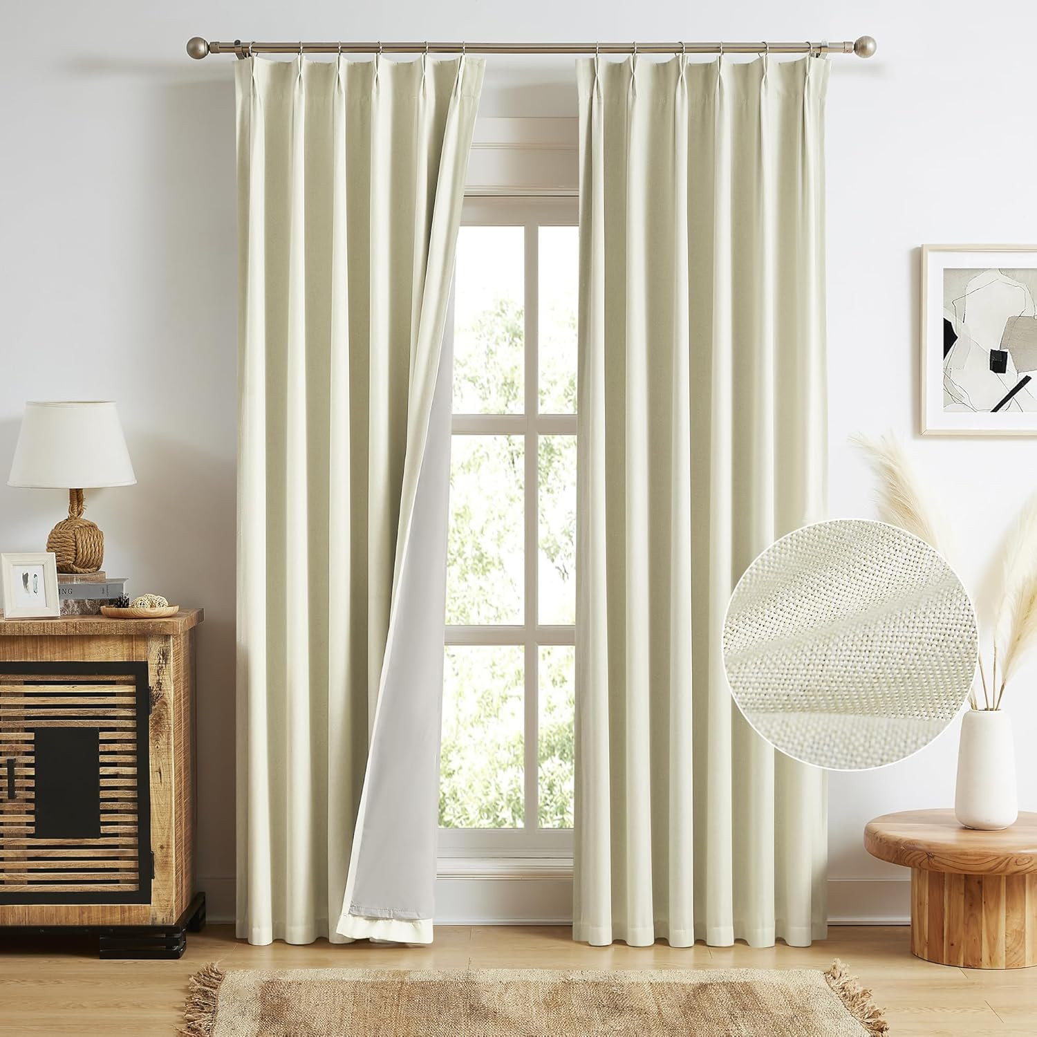 Blackout Pleated Curtains 102″ Length, Cream Beige, 2 Panels