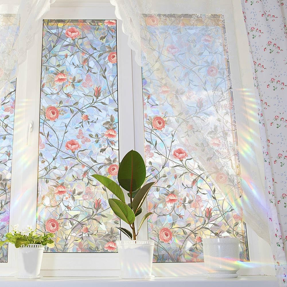 Stained Glass Privacy Film Red Rose Sun Blocking Decor, 16.93×39.37in