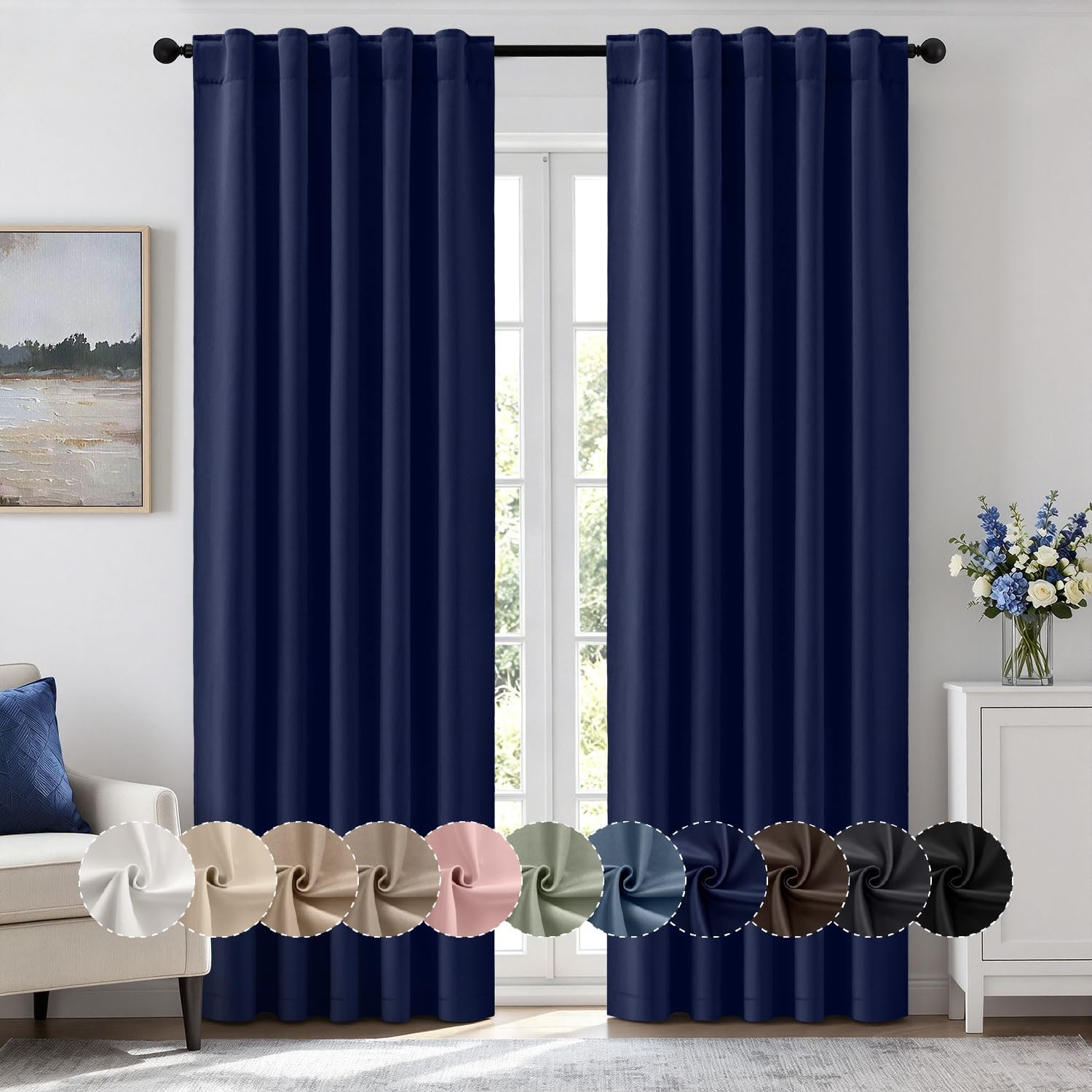 Navy Blue Pinch Pleat Blackout Curtains 84 Inch Length 2 Panels for Bedroom L…