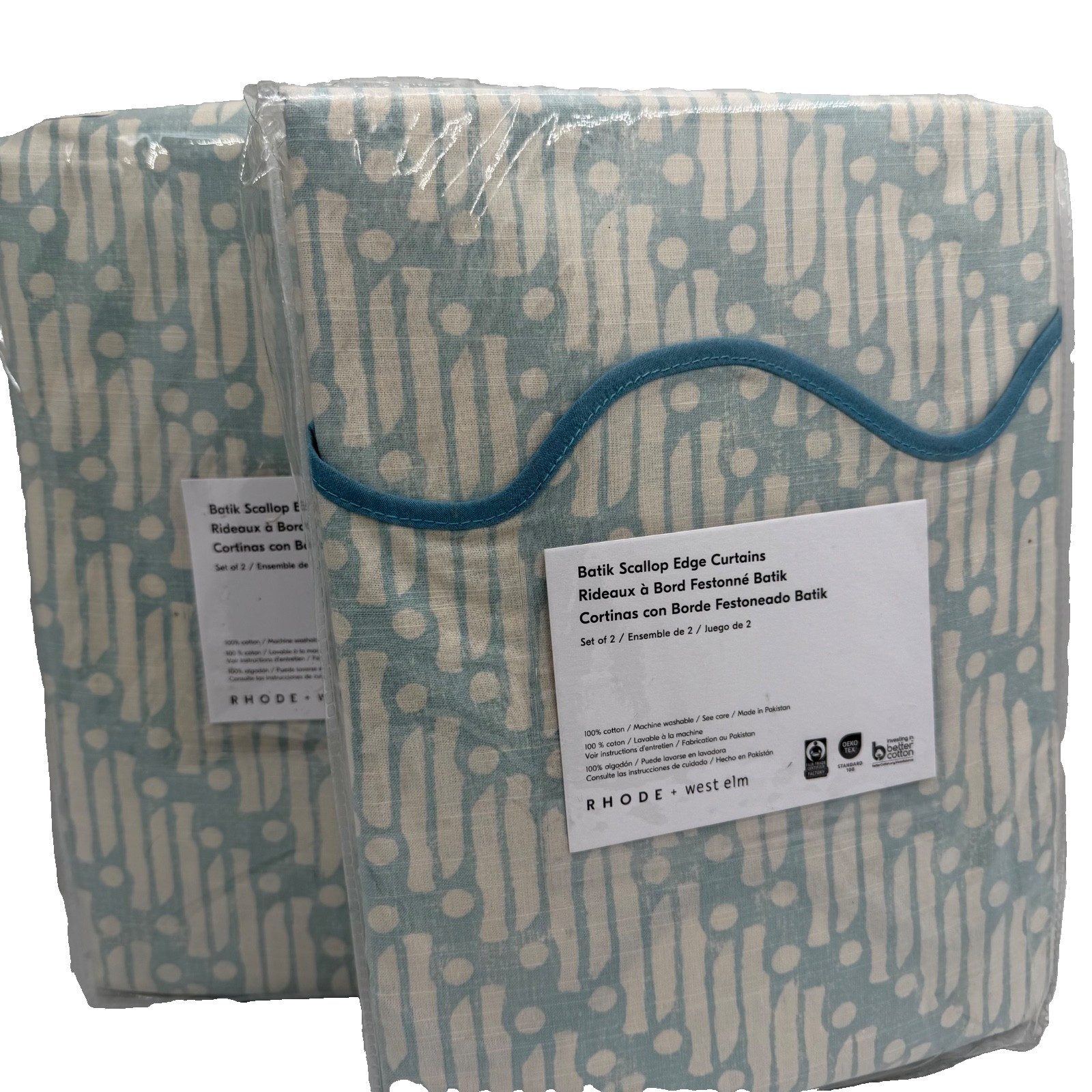 New West Elm Batik Scallop Edge Drapes 48″ x 84″ Set of 4 ~Blue~ Pottery Barn