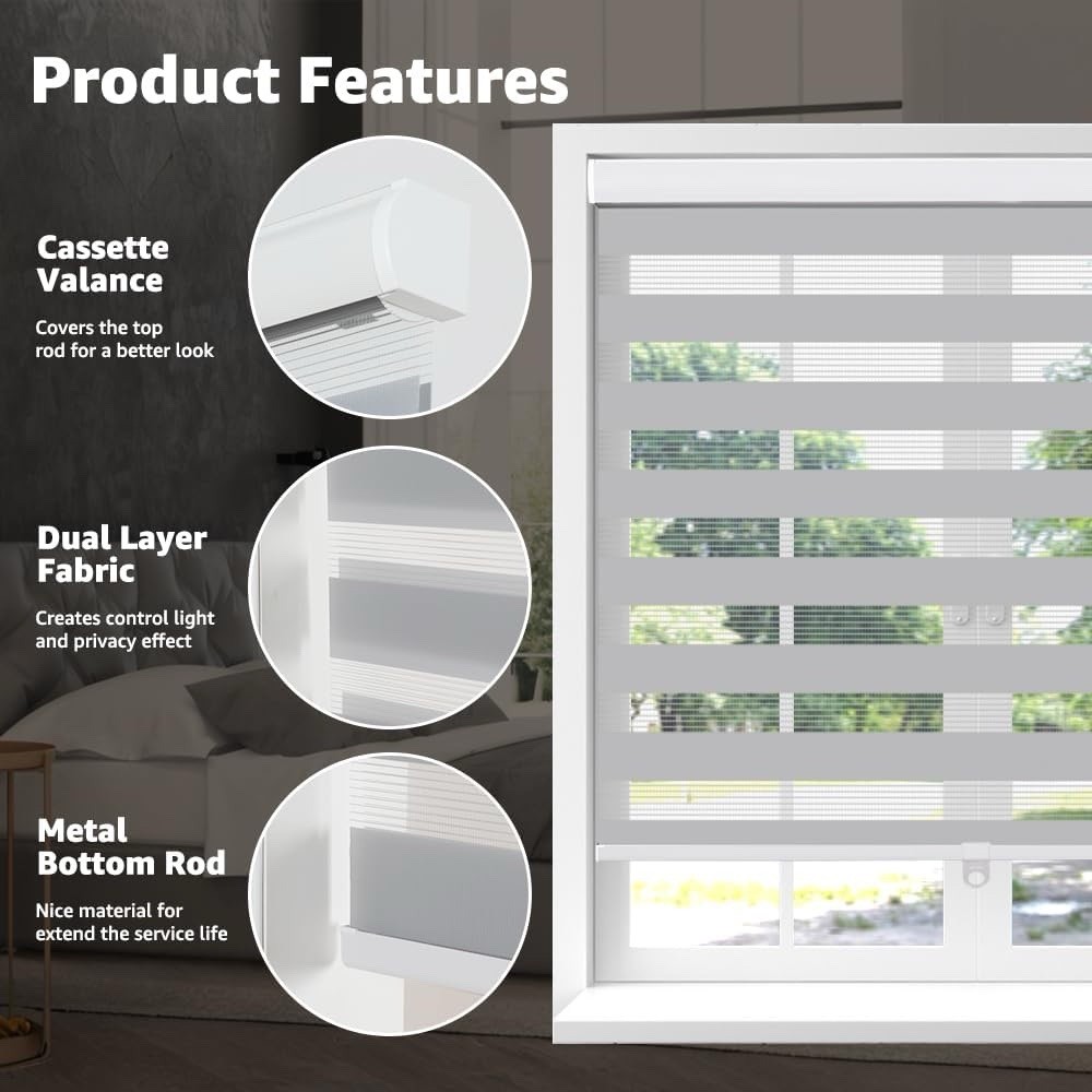 Cordless Zebra Blinds 44”x72” White Dual Layer Blackout Roller Shades Free-Stop