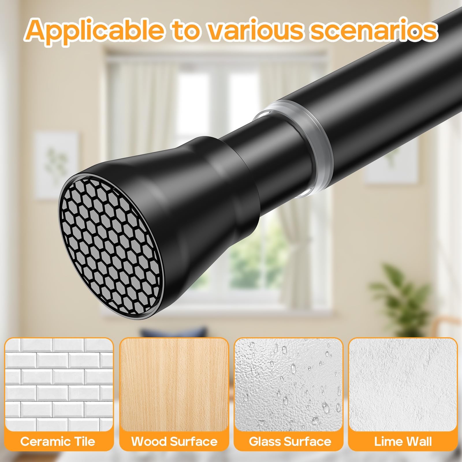 2 Pack Adjustable Tension Rods 45-77 Inch – Black No-Drill Curtain Rods for W…