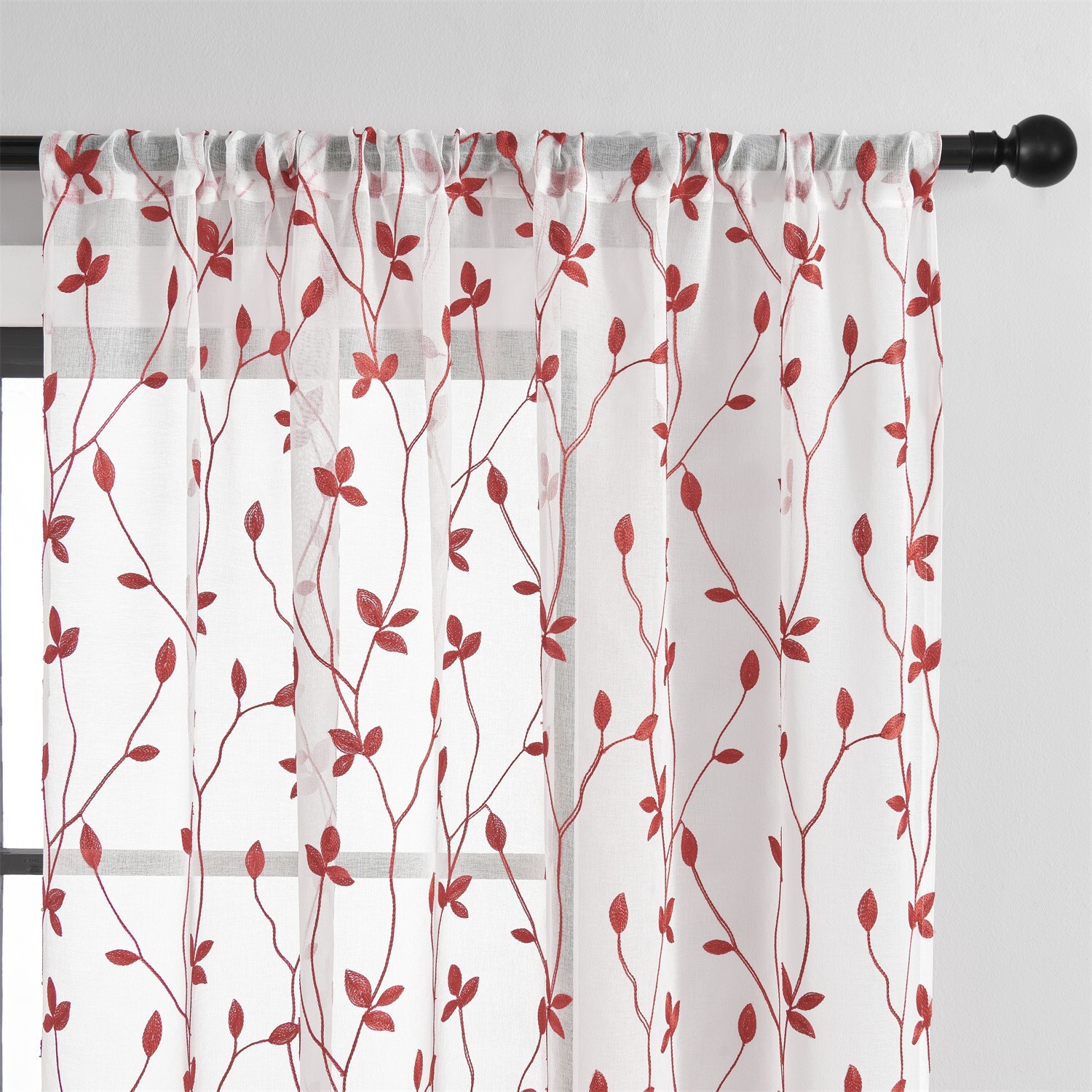 2 Panels Leaf Embroidered Sheer Curtains, Voile Rod Pocket Textured Drapes