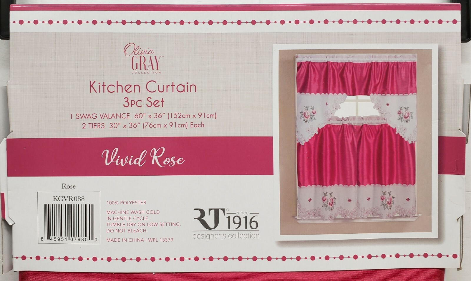 3pc. Embroidered Curtains Set: 2 Tiers & Swag (60″x36″) VIVID ROSE FLOWERS,OG,RT