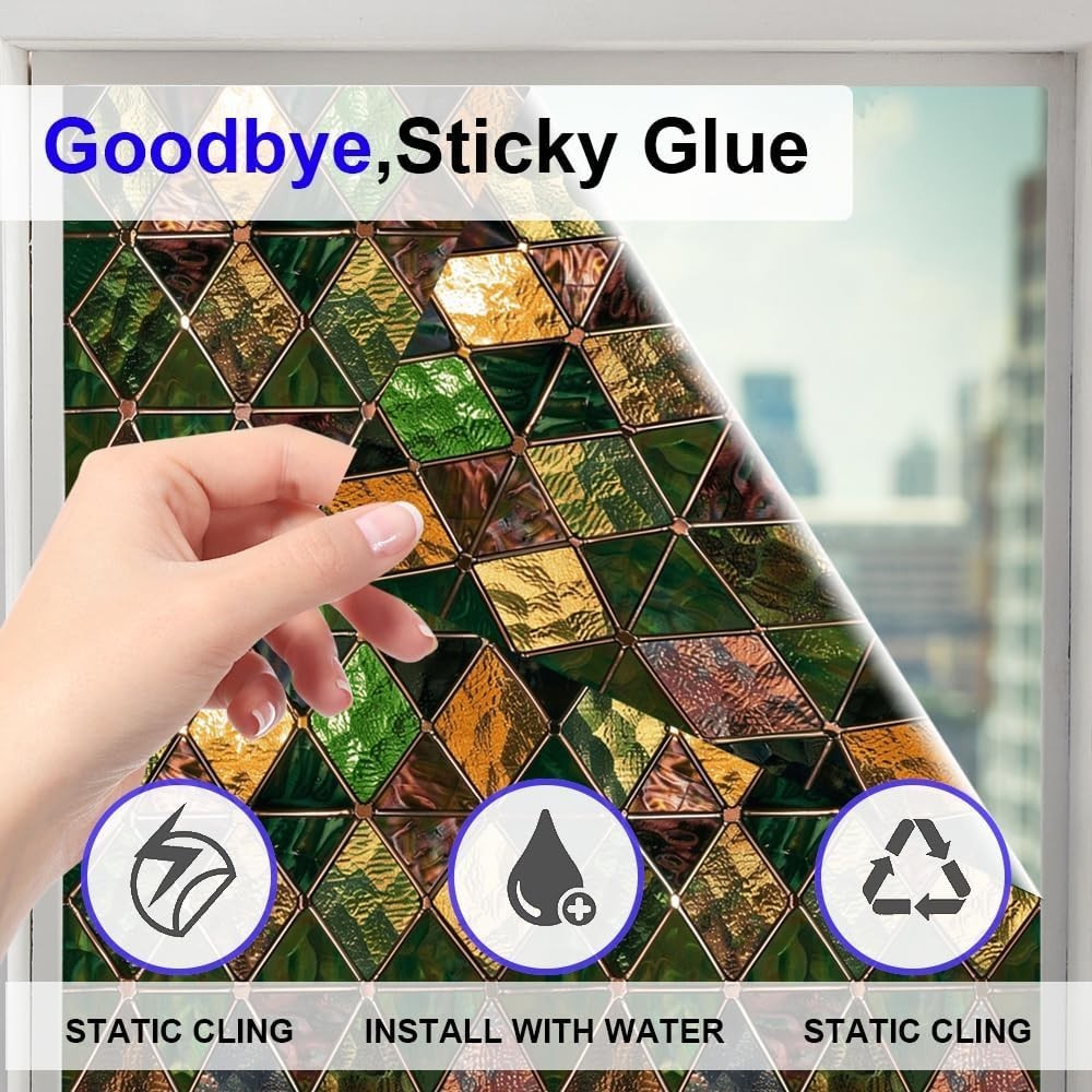 Non-Adhesive Stained Glass Window Film – UV Blocking & Easy Install, 16.9 x 39.4