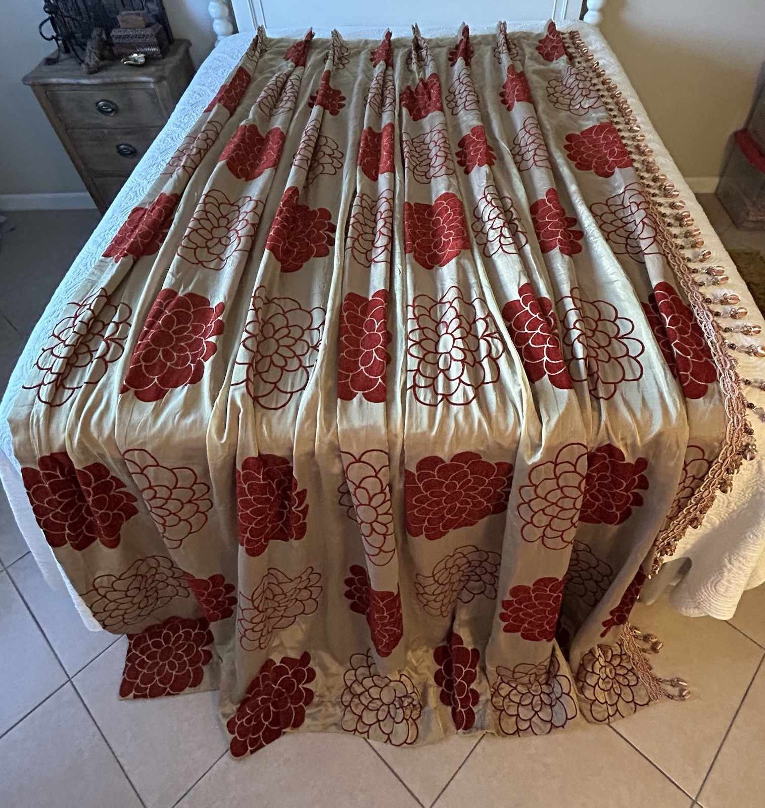 Custom Pleated Drapery Panels Pair 108”L Silk? High-end Tassel Trim 45”W