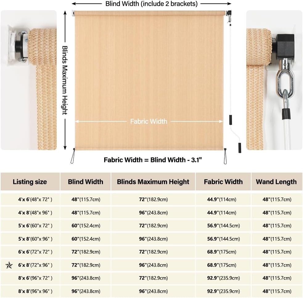 Outdoor Roller Shades 6′ W x 8 L (72″ W x 96″ H), Cordless Patio Shades Roll Up