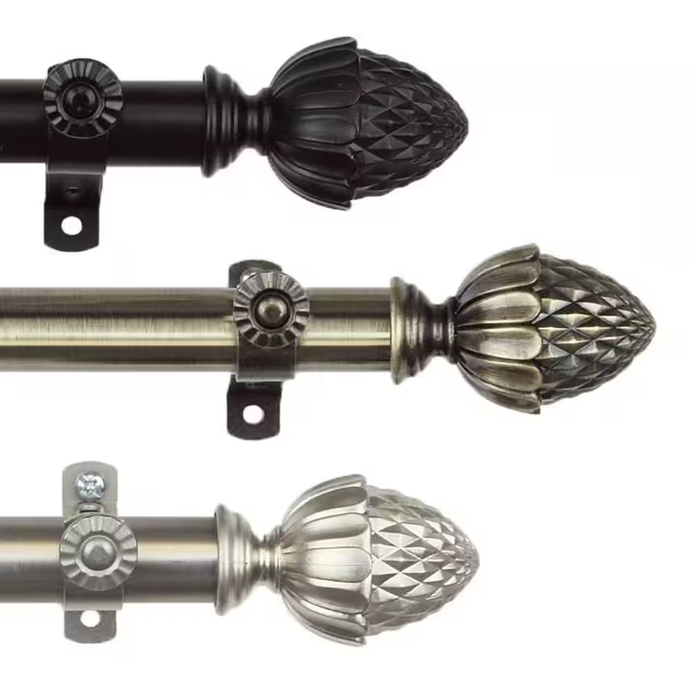18 In. – 28 In. Telescoping Single Curtain Rod Kit in Antique Brass with Acorn F