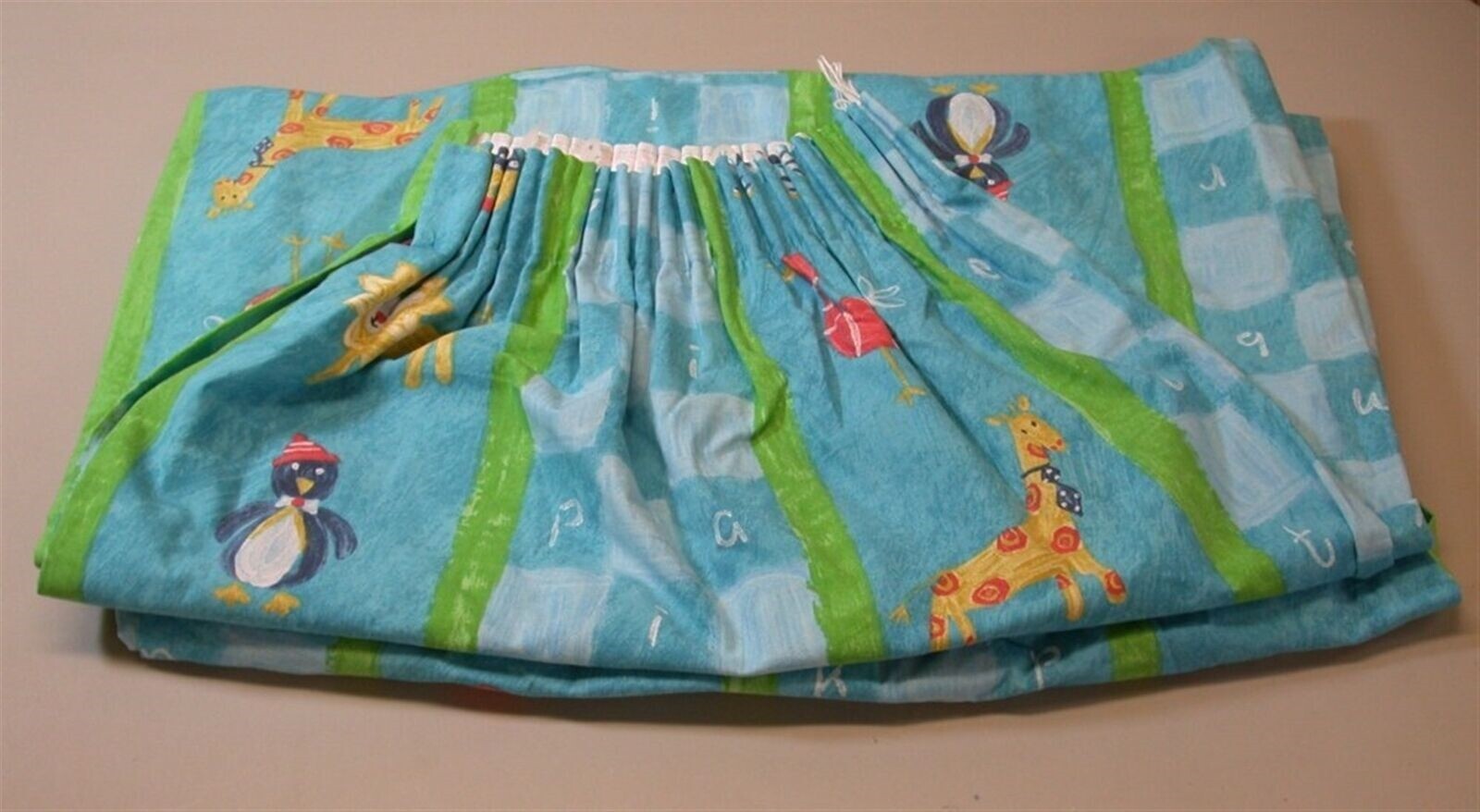 (1) Pair Lined Gathered Curtains ~ Aqua Multi Animals ~ 48 W x 61 L Ea Panel