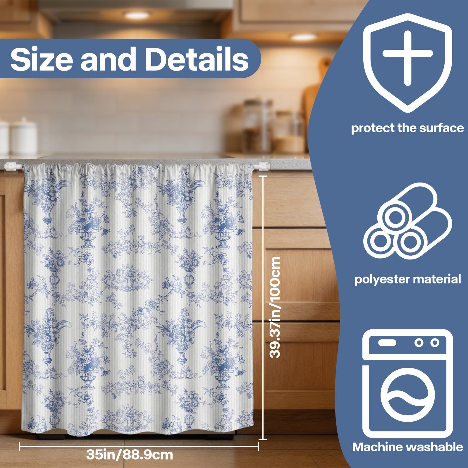 Dishwasher Curtain Cover Set, 39 x 35 Inch Blue Floral Cabinet Curtain with T…