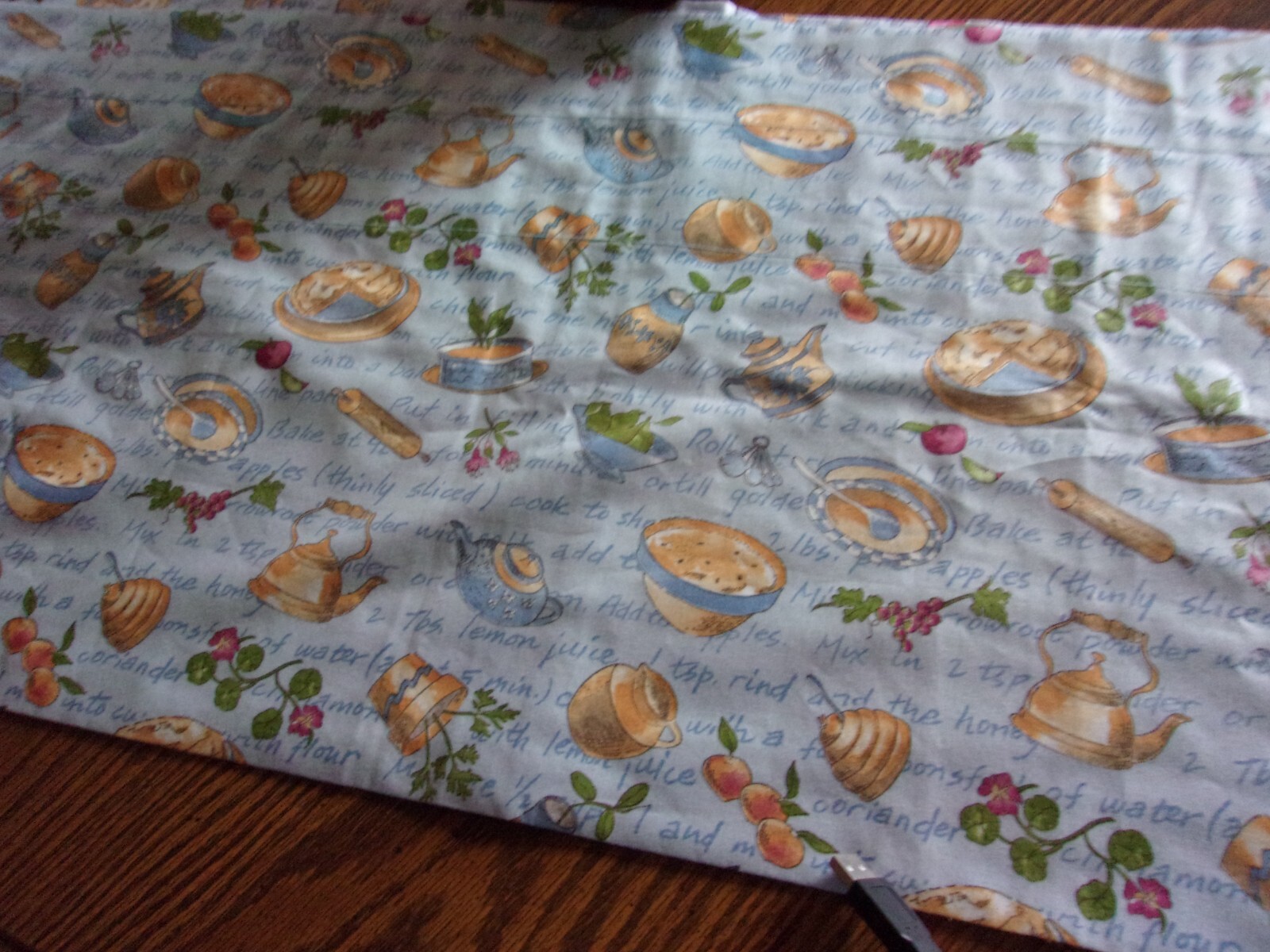 wide kitchen valance-70″; adorable food print on light blue. cotton blend.