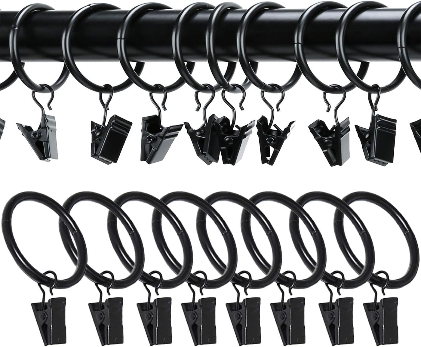 16 Pack Curtain Rings with Clips, Window Clip Rings Black Curtain Hooks Hangers