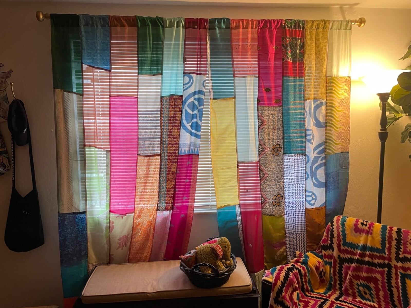 2 Pcs Indian Sari Patchwork Curtain Drape Window Decor Multi Silk Hippie Curtain