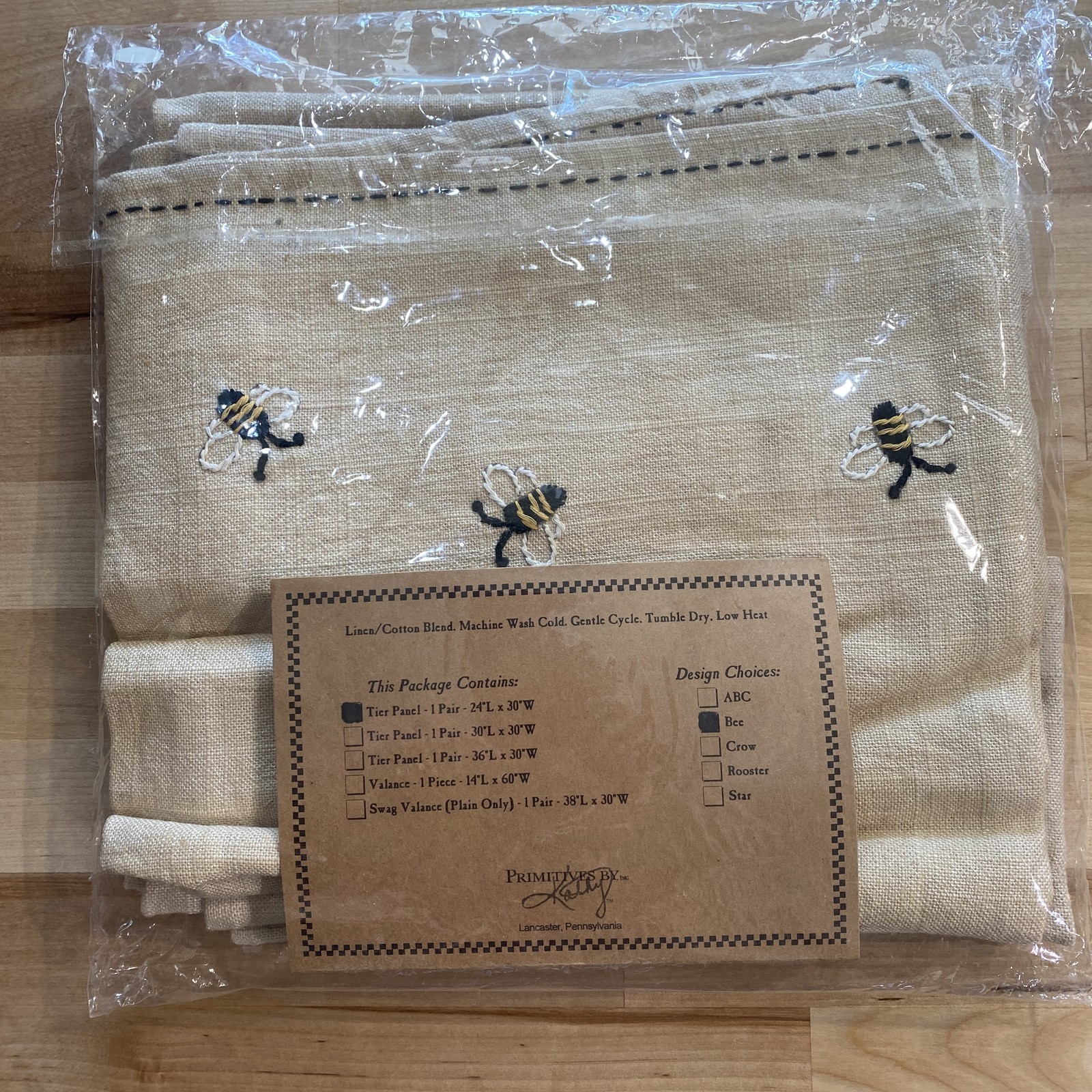 Primitives by Kathy BEE Embroidered Tier Panel Curtains 24″L x 30″W Linen NEW
