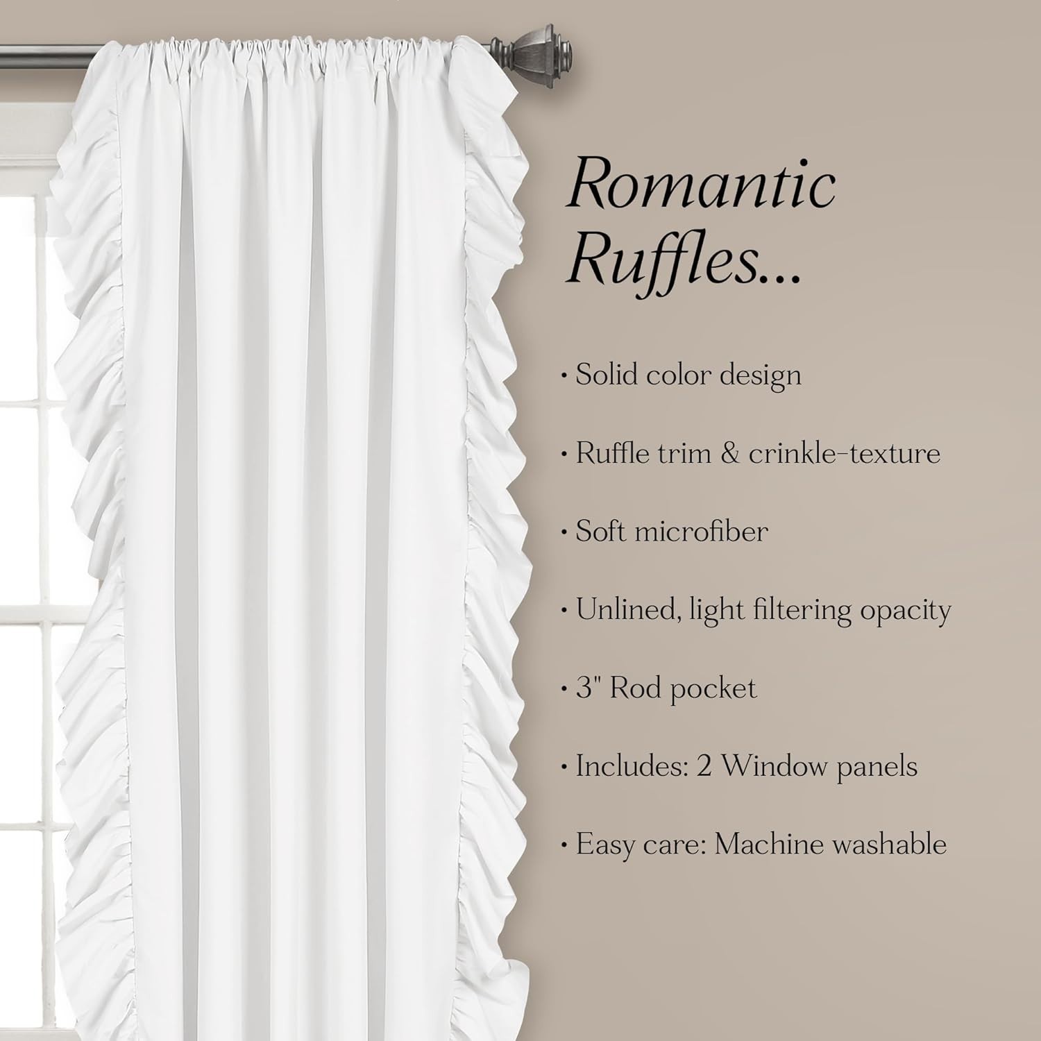 Reyna Ruffle Window Curtain Panel Set, Pair, 54″ W x 84″ L, White – Flowy