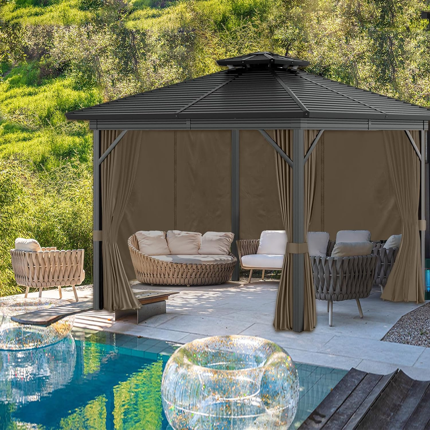 Waterproof 10’X10′ Gazebo Curtains with Zipper – 4 Panels, Brown