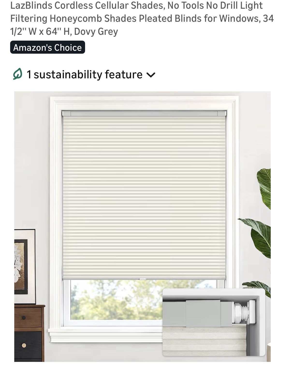 LazBlinds Cordless Cellular Shade Light Filtering Dovy Grey 34 1/2 x 64 in