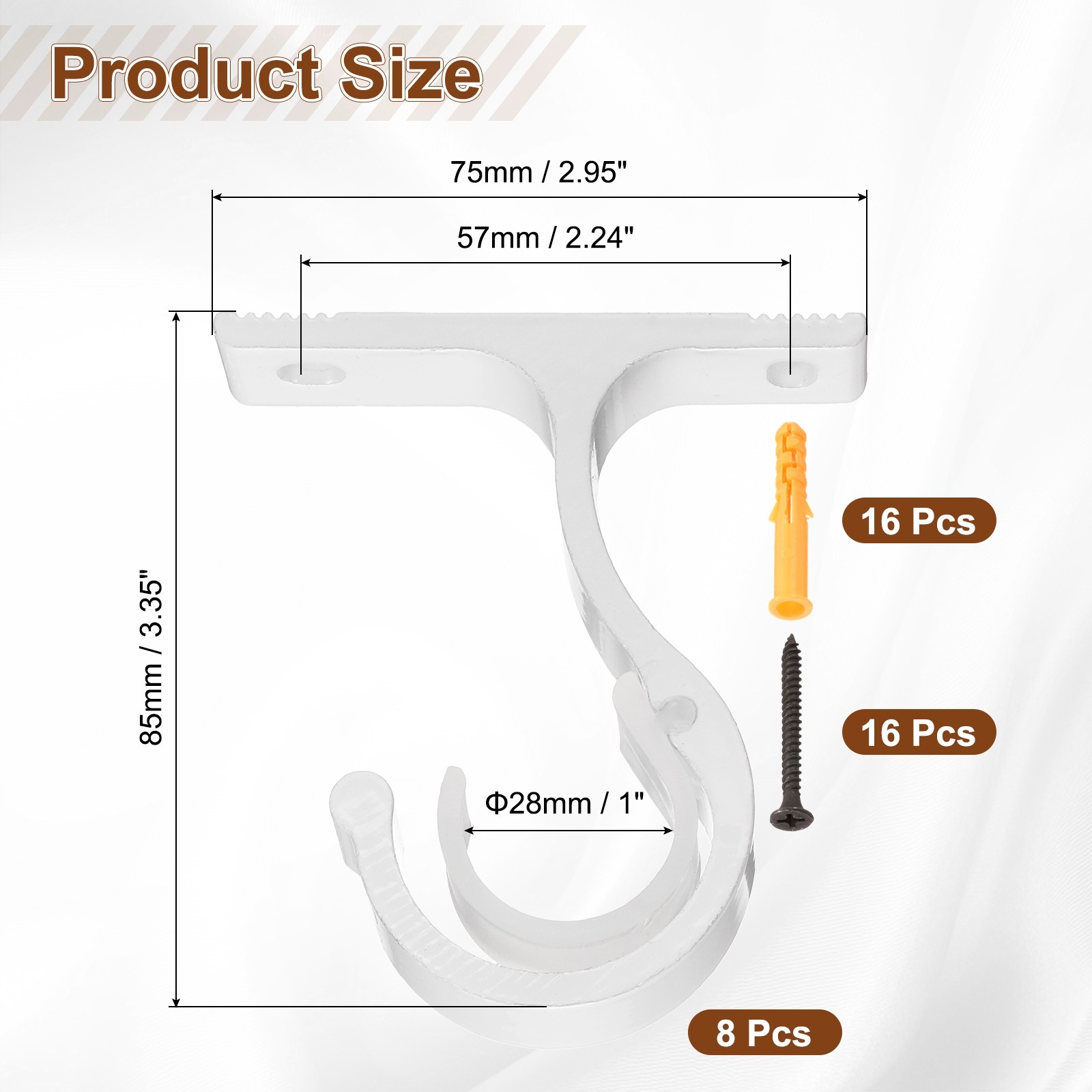 8Pcs Ceiling Curtain Rod Holder Single Drapery Bracket for 1″ Rod White