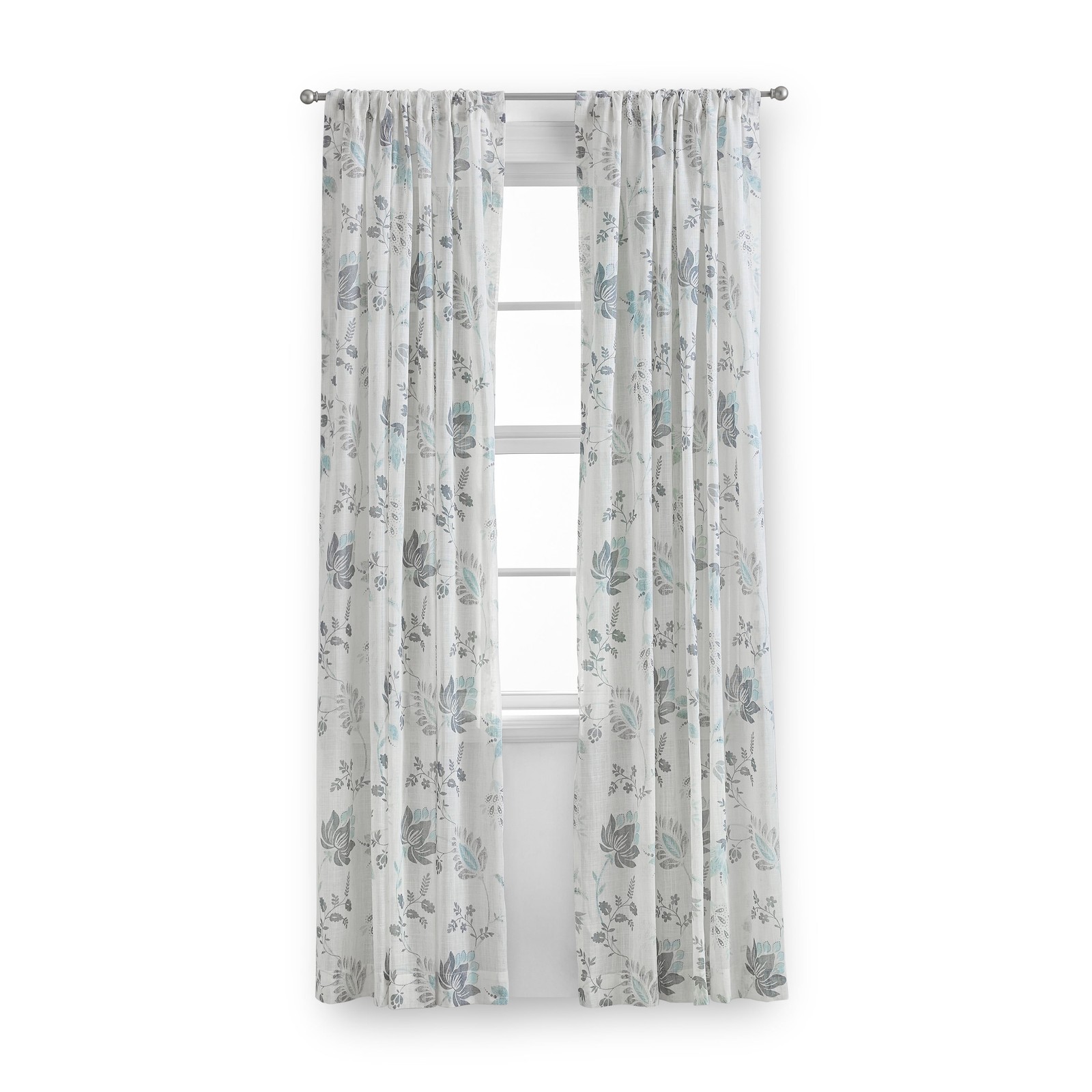Blue Floral 100% Cotton Indoor Sheer Rod Pocket Single Curtain Panel Light Blue