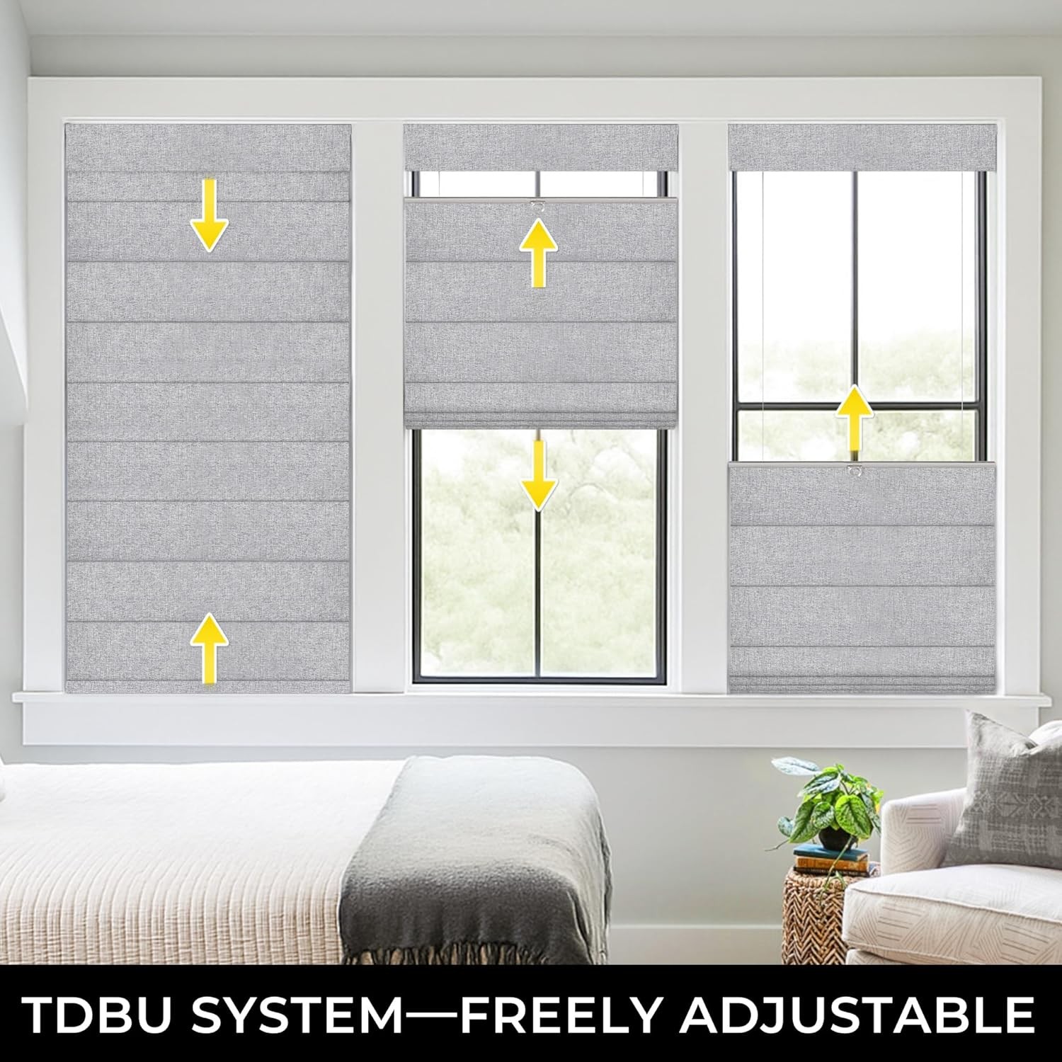 No Drill Top Down Bottom Up Roman Shades for Windows, 34″ W x 64″ H, Grey