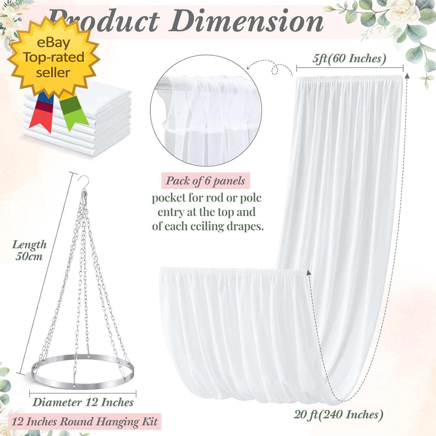 5Ft X 20Ft 6 Panels 12 Inches Ceiling Drapes Hanging Kit with Drapery