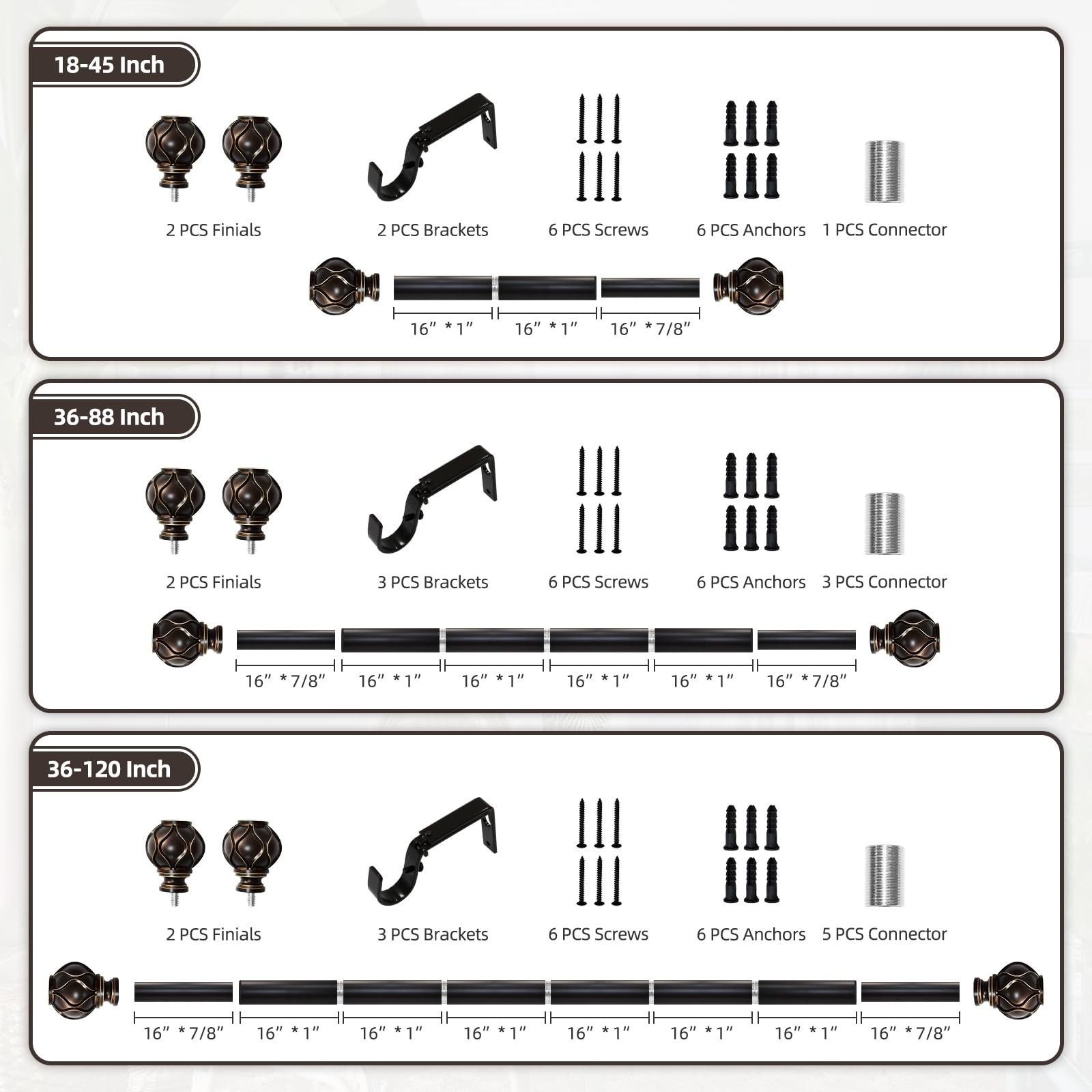 Bronze Curtain Rod for Windows 66 to 120 Inches(5.5-10ft), 1″ Diameter Heavy-…
