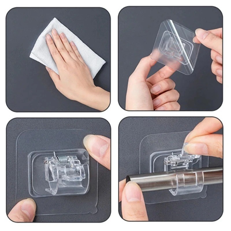 4PCS Adjustable Curtain Rod Clip Self Adhesive Clamp Hook Curtain Holder Wall