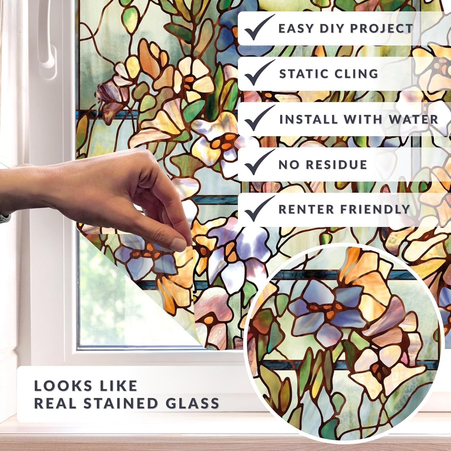 Trellis | Privacy Window Film with Vibrant Colored Pattern | Non-Adhesive & U…