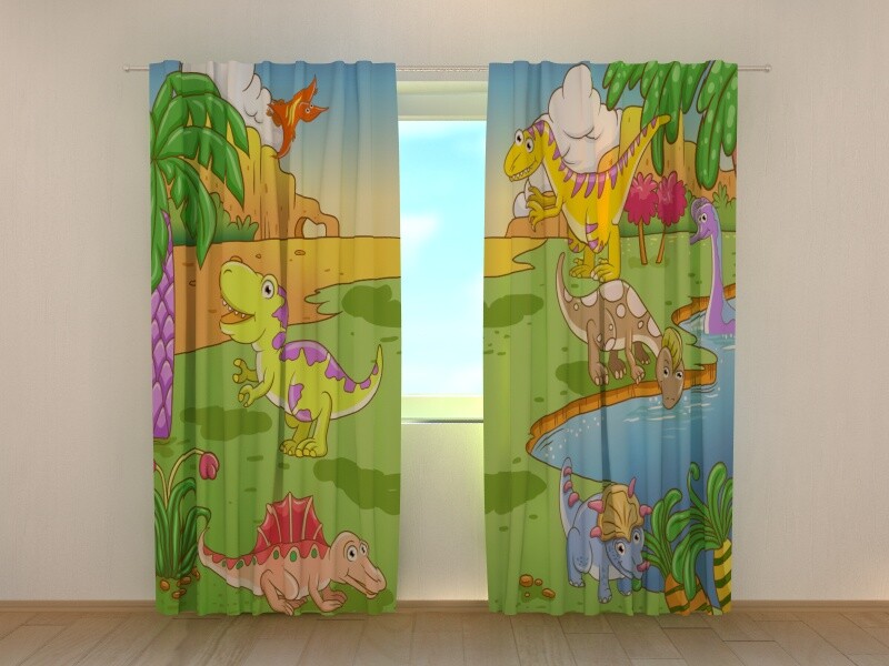 Window Curtain Printed with Little Dinosaurs Image Wellmira Ready Made