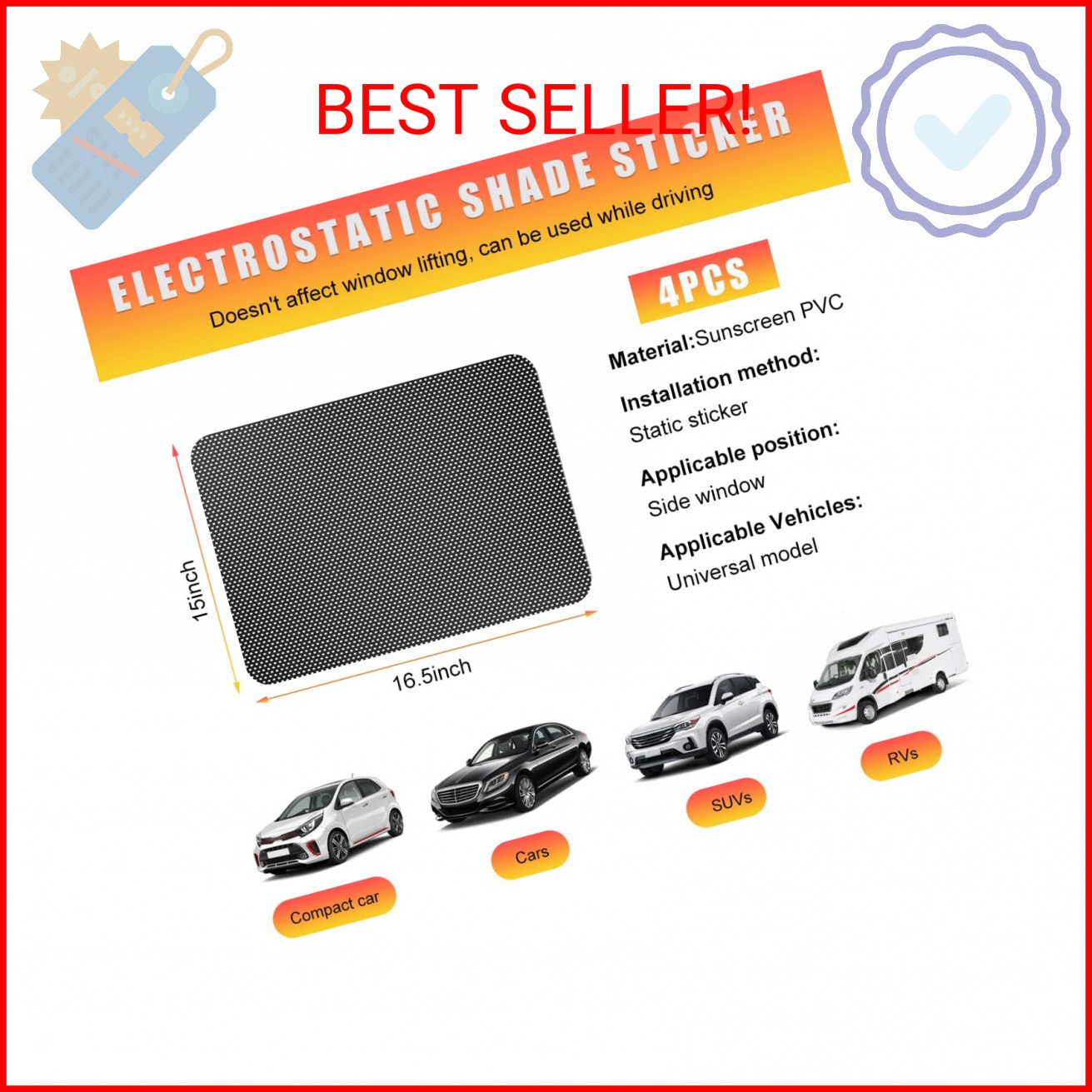 Ohleats 4 PCS Car Side Window Sunshade, 16.5″×15″ Static Cling Auto Shade Sticke