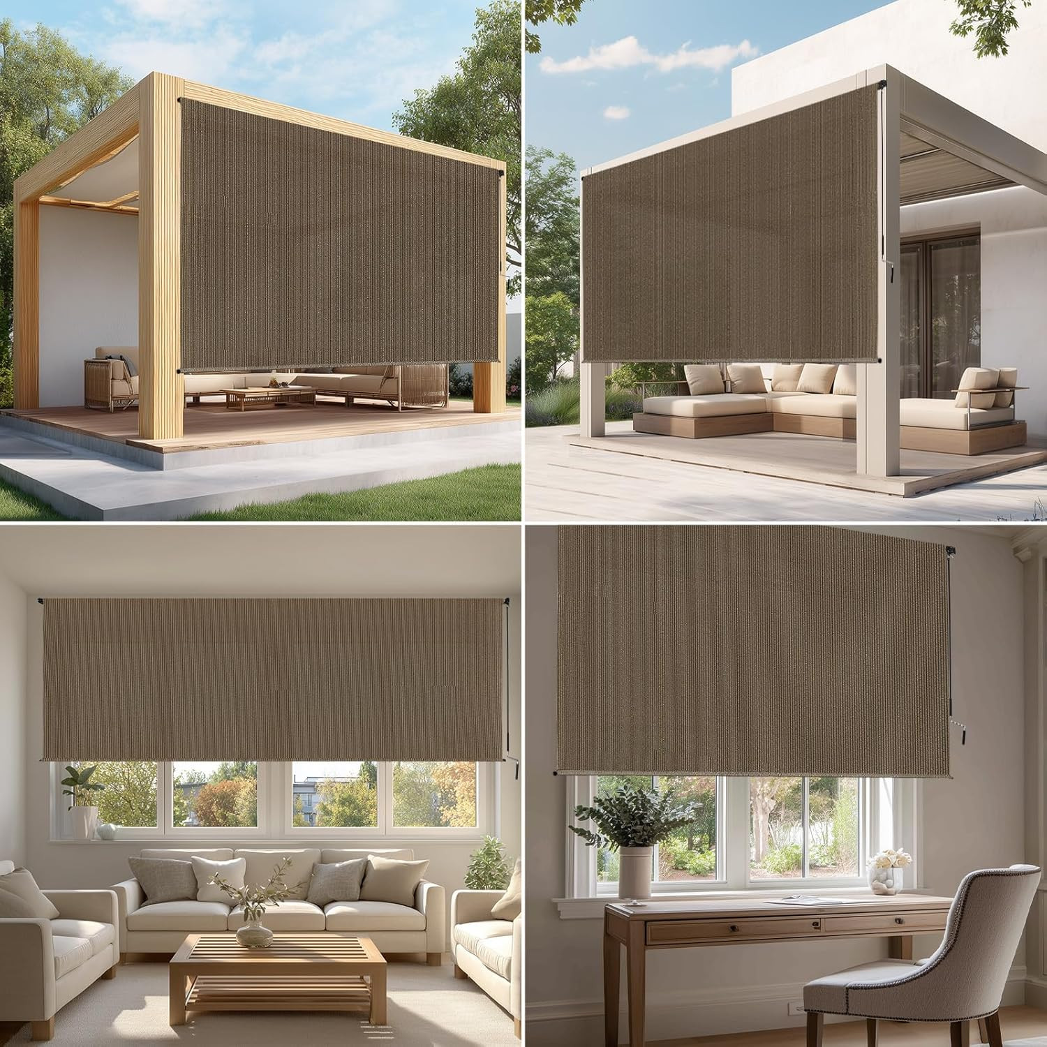 Mocha Outdoor Roller Shades 10′ W x 8′ H – 90% UV Protection Blinds