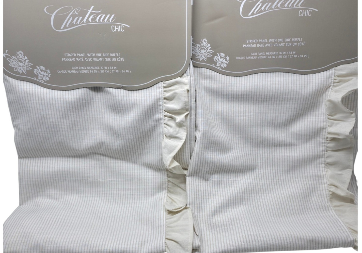 Chateau Chic Set Of 4 Stripe Ruffle Curtain Panels 38×84 Ivory Farmhouse NEW