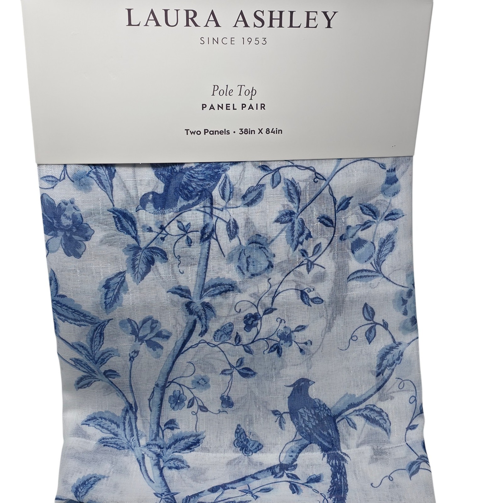 Laura Ashley Semi Sheer Bird Floral Curtains Set 2 38×84 Blue Cottage