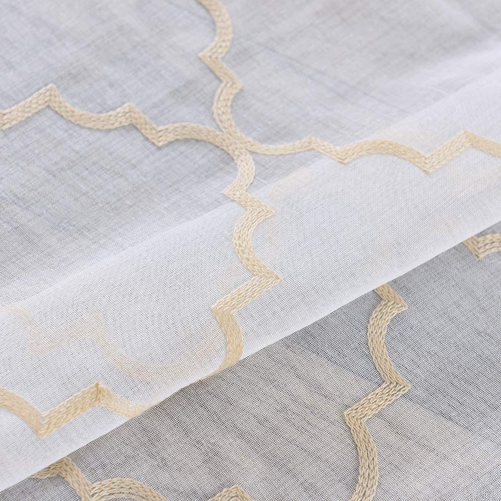 Embroidered Moroccan Tile Lattice Design Gold Sheer Curtains 84 Inch Long, Ro…