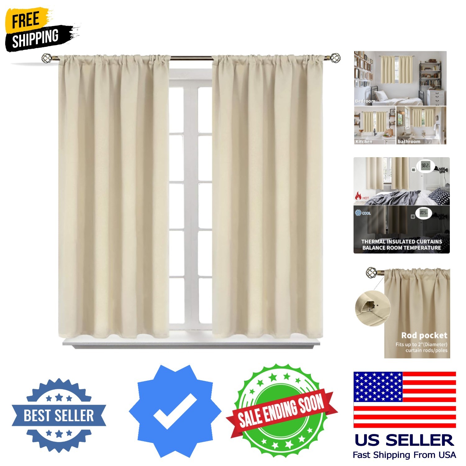 Beige Blackout Curtains 40 Inches Long for Kitchen Window – Short Thermal Ins…