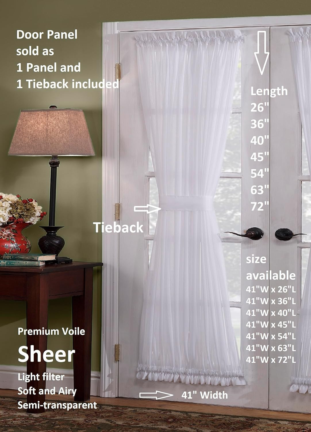 , Emelia Door Panel Sheer 40″, White, 41″ W X 40″ L, with Tieback