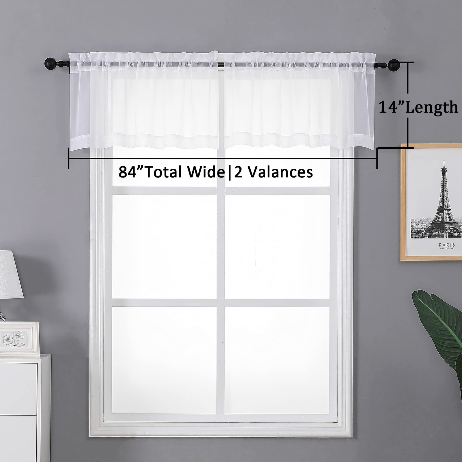 Sheer Valances for Windows 2 Pack, Small Window 42″W x 14″L (Pack of 2) White