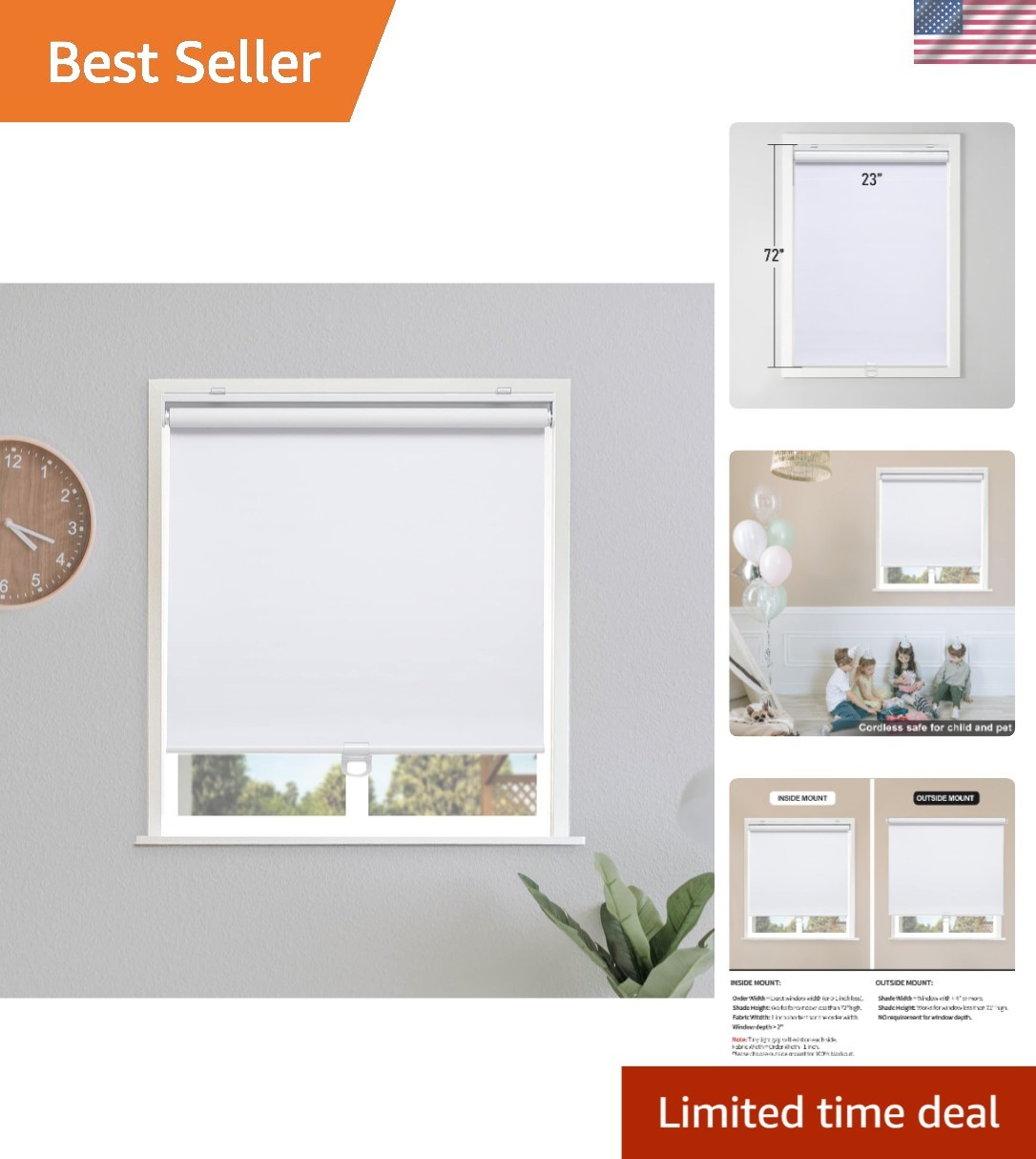 White Cordless Blackout Roller Shades 23″W x 72″H – Elegant Thermal Insulation