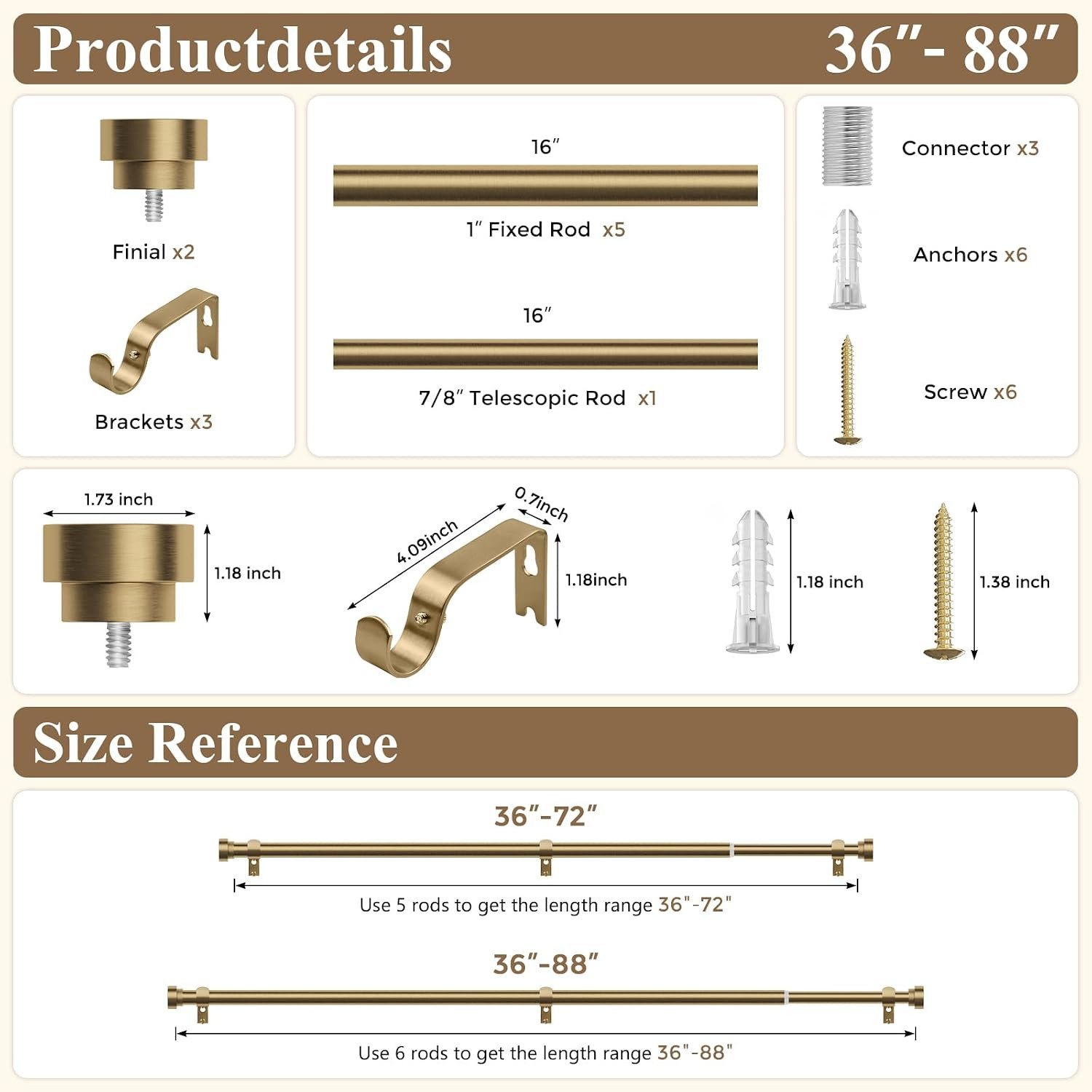 Hei!Dear Brass Gold Curtain Rods 36 to 88 Inch, Brushed Warm Gold 1″ Adjustable