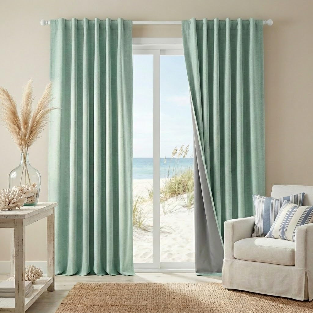 100% Blackout Linen Textured Curtains 84 Inches Long, Thermal Insulating Privacy