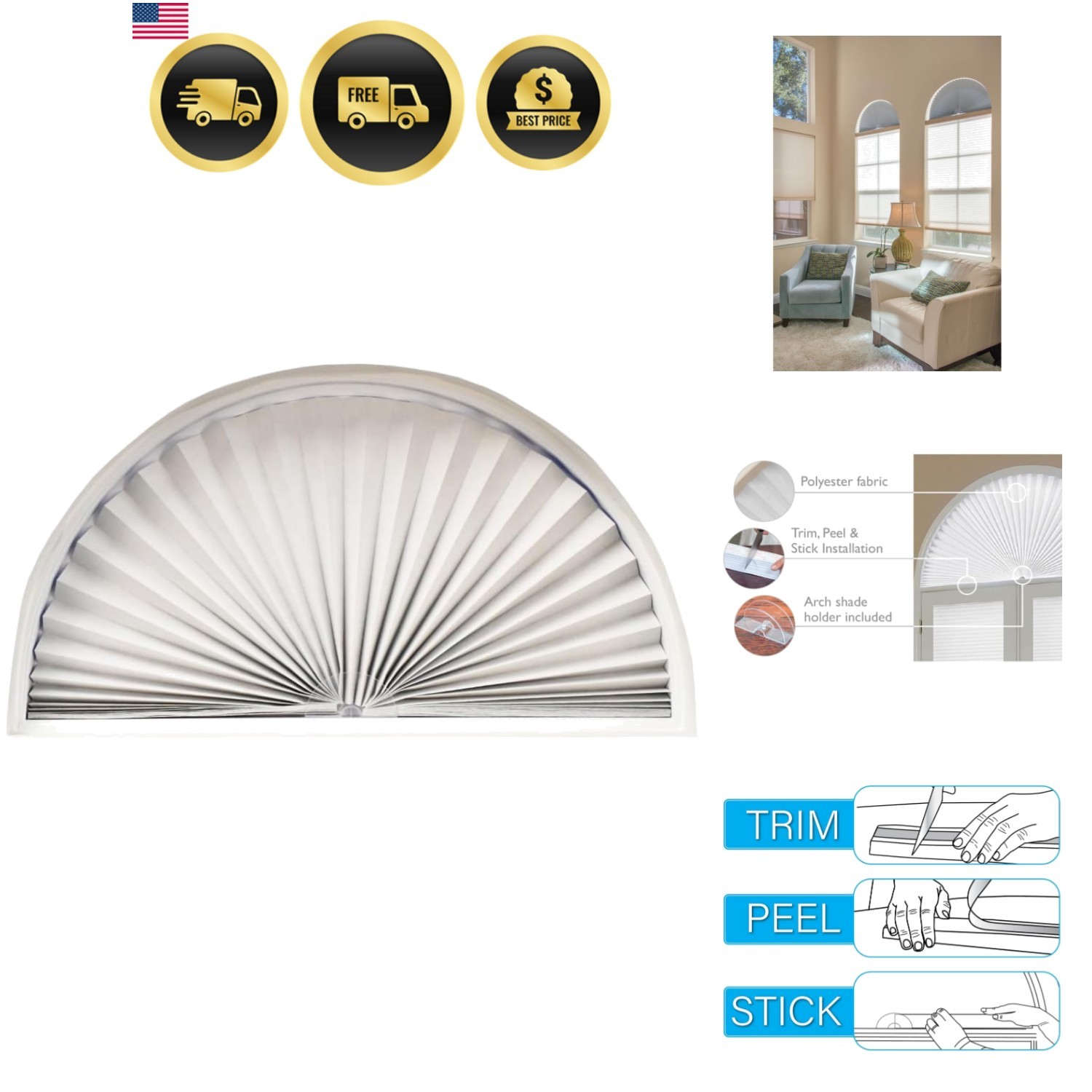 No Tools Arch Light Blocking Pleated Fabric Shade White, 72″ W x 36″ H