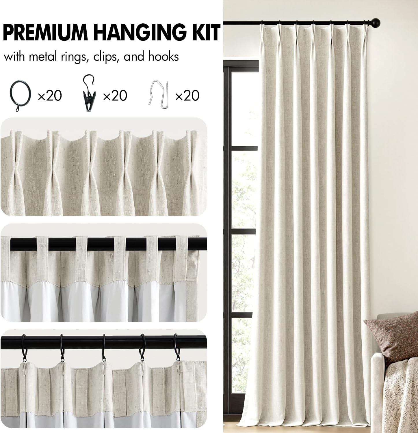 Natural Pinch Pleated 100% Blackout Linen Curtains 90 Inch Length 2 Panels Set,