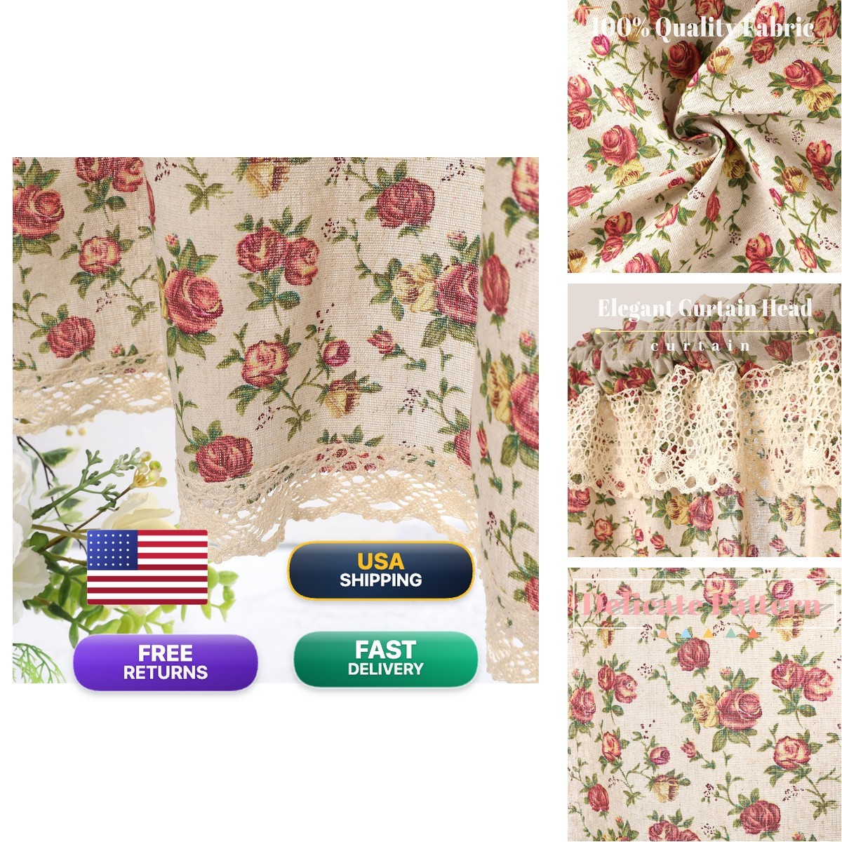 Moslovstar 1 Pcs Red Roses Curtain Cotton Linen Semi Sheer Privacy Window