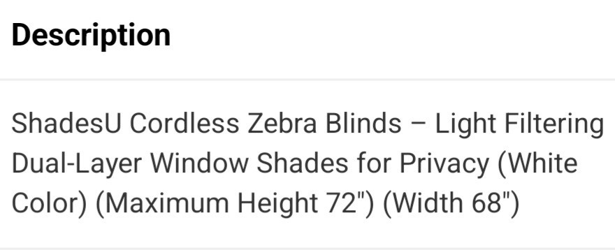 ShadesU Cordless Light Filtering Zebra Blinds White Striped Fabric 68×72 in