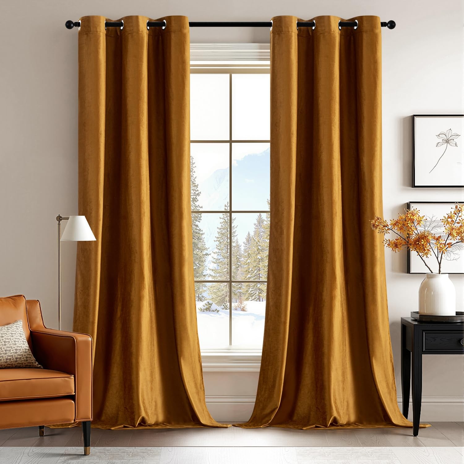 Golden Brown Velvet Curtains 96 Inches Long Blackout Thermal Insulated Soundp…